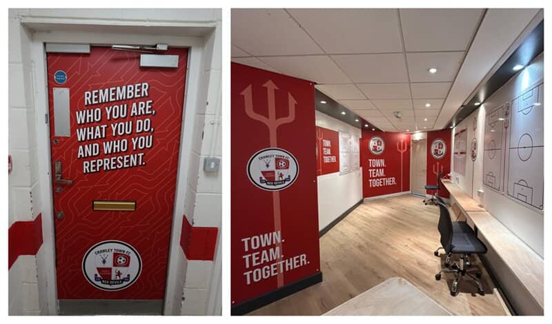 A collage of the red interior door and wall graphics for the football club.